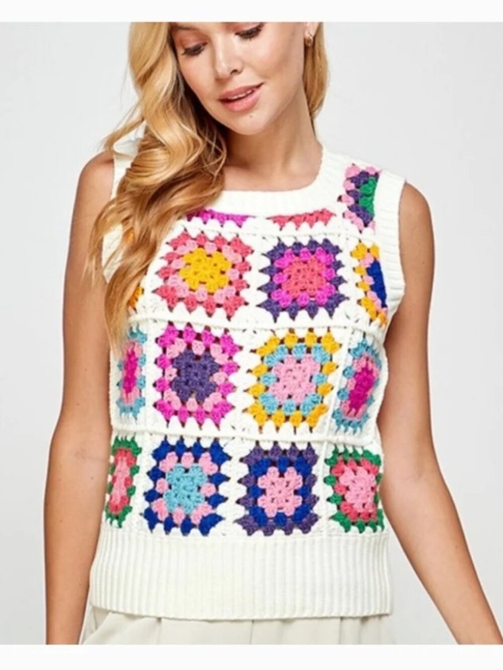See and Be Seen Crochet Granny Square Sweater Vest Size Small
